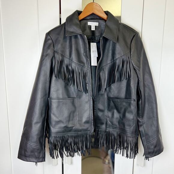 Topshop NWT Black Fringe Faux Leather Jacket Size 8 - Picture 3 of 11